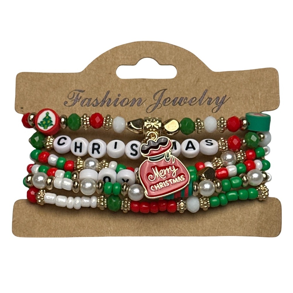 Festive Stretchy Christmas Beaded Bracelet Set Red Green Gold Holiday Jewelry